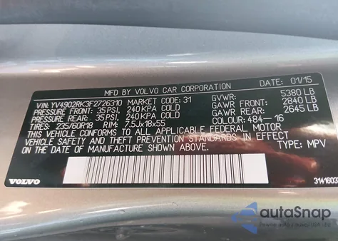 2015 Volvo Xc60 T6 z USA, uszkodzony, nr VIN YV4902RK3F2726310